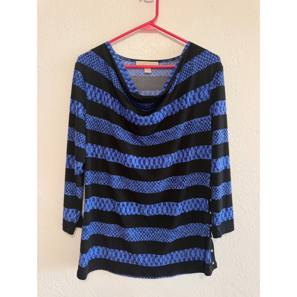 Michael Kors Blue Black Snakeskin Stripe Cowl Neck Top Silver Snap Buttons L